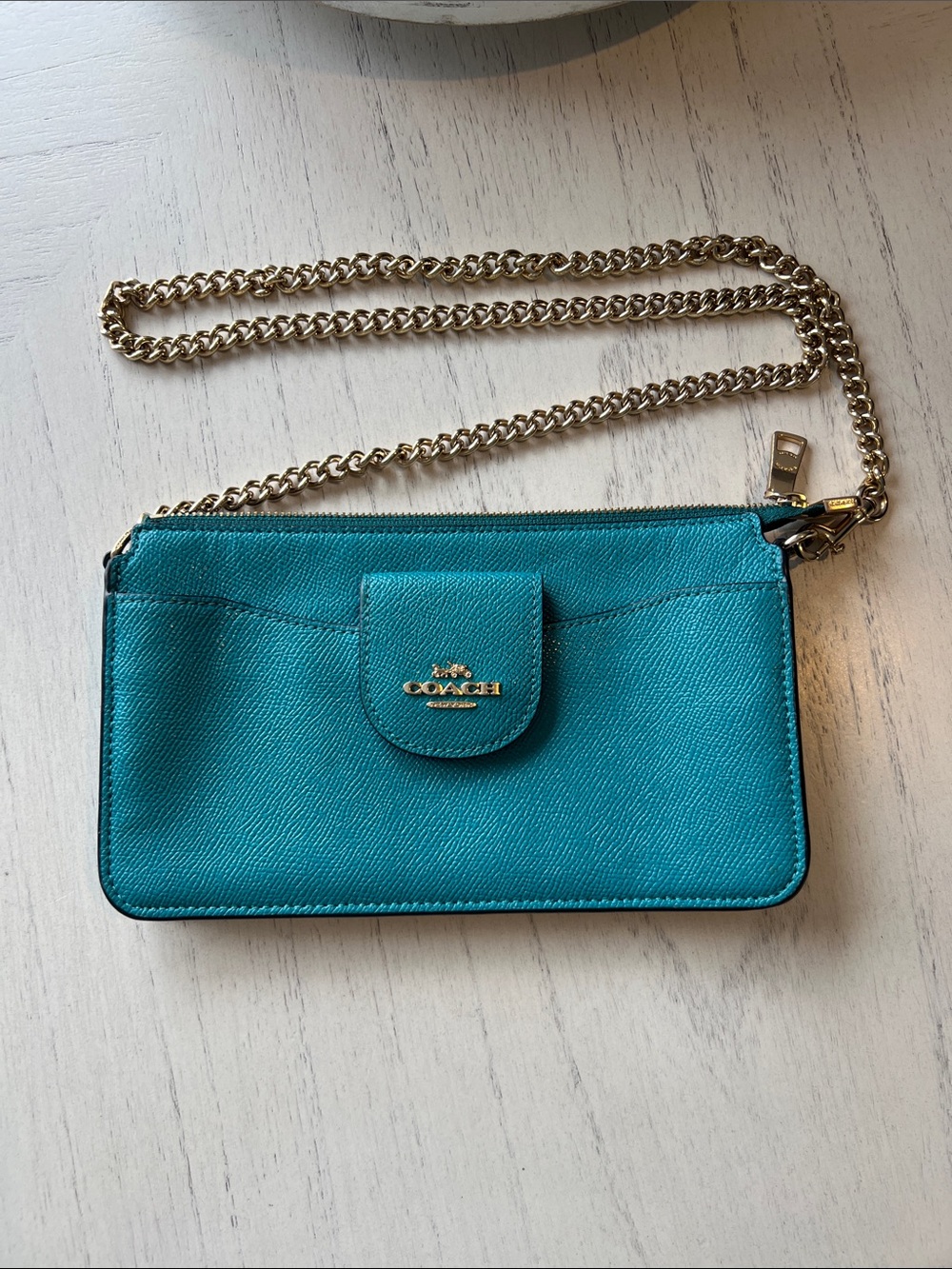 COACH Teal Crossbody Chain Wristlet with Gold Hardware